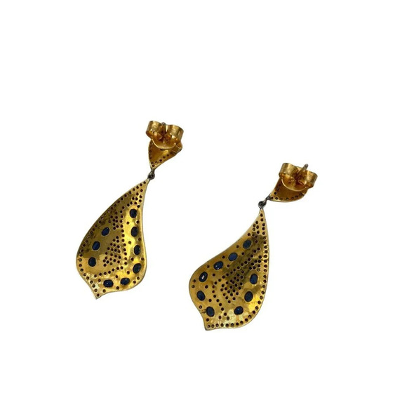 Genuine Sapphire & Diamond Paisley Dangling Drop Earrings NEW - Picture 4 of 5